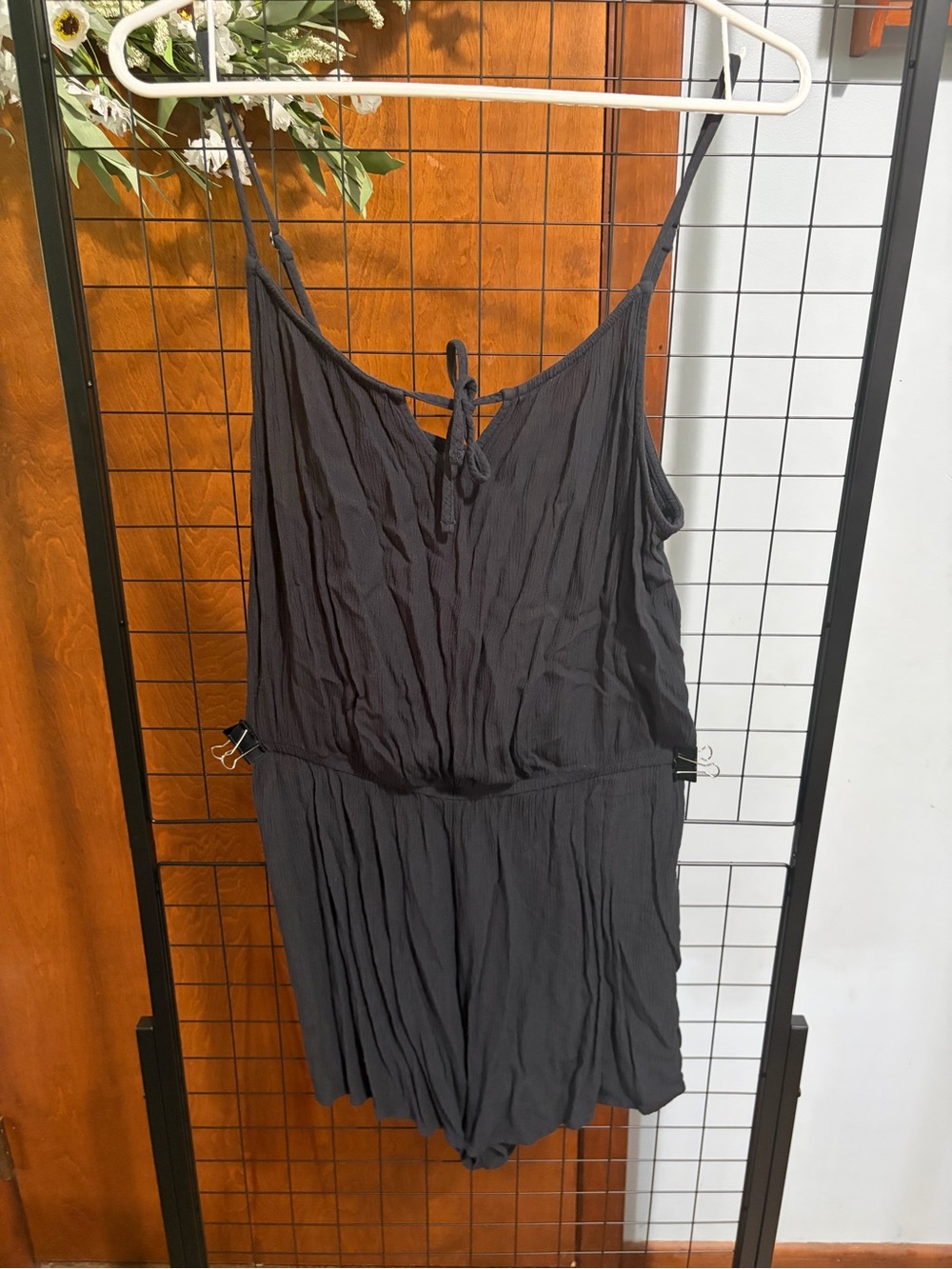 SO Black Crinkle Tank Romper with Tie Back